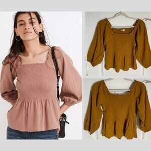 Madewell Lucie Antique Gold Smocked Peplum Top 35332